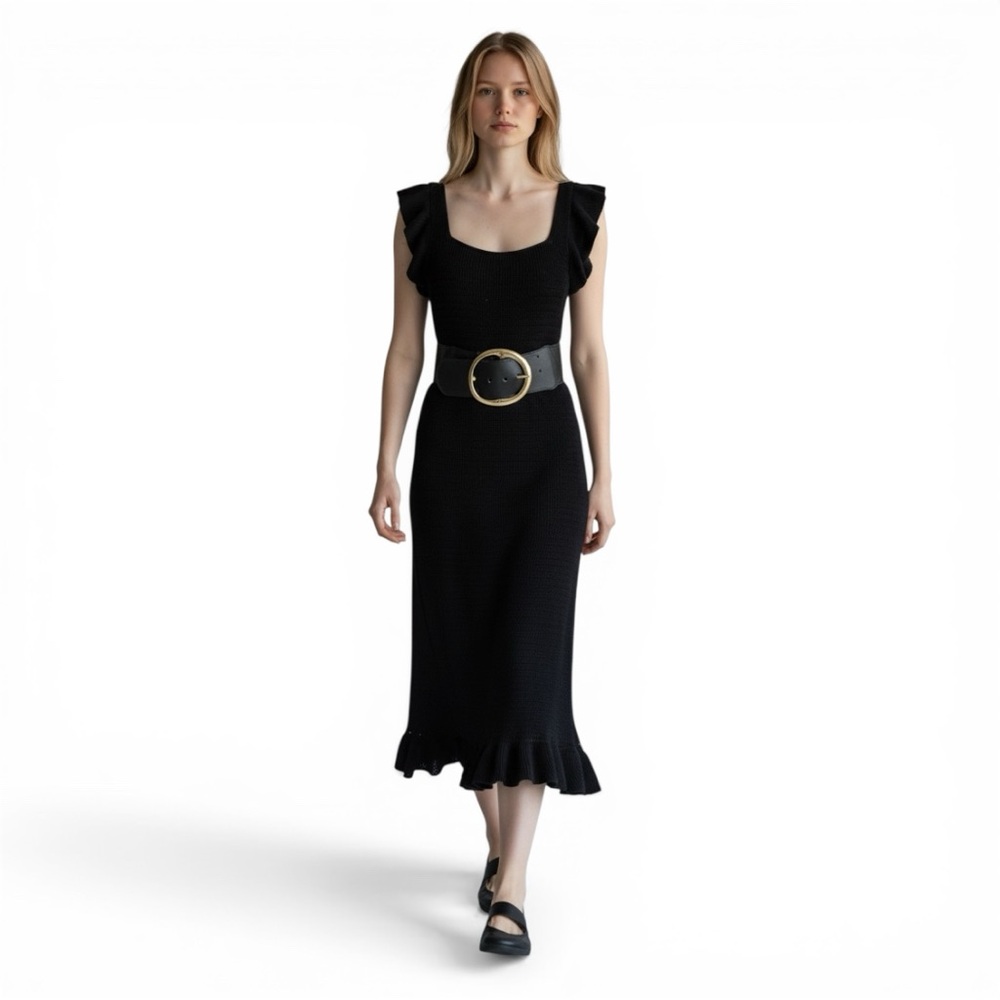 House of Harlow 1960 Black Knit Midi Dress Ruffle Sleeve Bodycon Sweater Dress